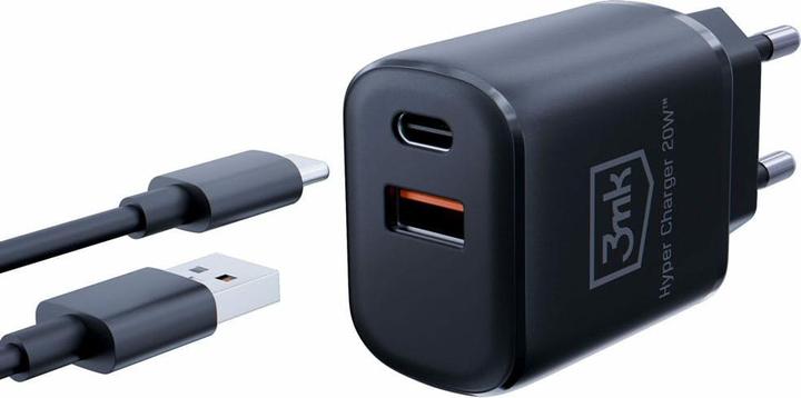 Produktbild 3MK HyperCharger 20W 1xUSB-C + 1xUSB-A ładowarka sieciowa PD/QC czarna/black (20 W)