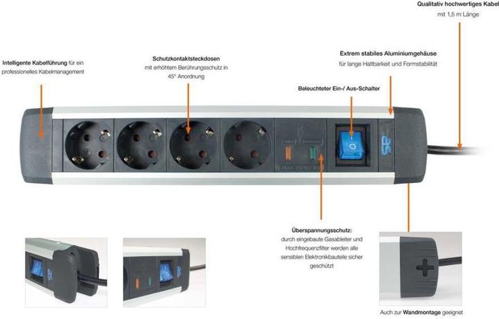 Actual product image As - Schwabe 18368 Surge protection socket strip black/silver protective contact (8 x, CEE 7/3, 1.50 m)