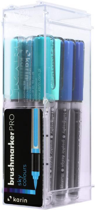 Produktbild Karin PRO - Brush Marker (sapphire blue 189, TURQUOISE 654, violet blue 688, Royal Blue 045, SKY BLUE 621, PLUM 197, arctic blue 264, indigo blue 169, cyan 207, EGYPTIAN BLUE 305, LILAC 226, Cool Aqua 204, 12 x)