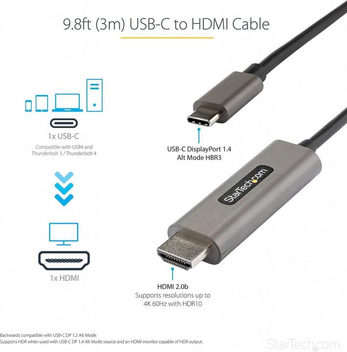 Produktbild StarTech USB C auf HDMI Kabel mit HDR10 - Ultra HD USB Typ-C auf HDMI 2.0b Video Adapter Kabel - USB-C auf (3 m, HDMI)