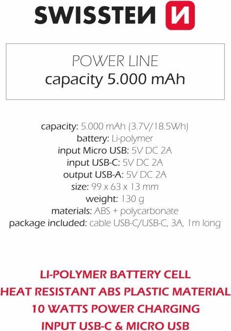 Produktbild Swissten POWER BANK 5000 mAh 10W (5000 mAh, 10 W, 10 Wh)
