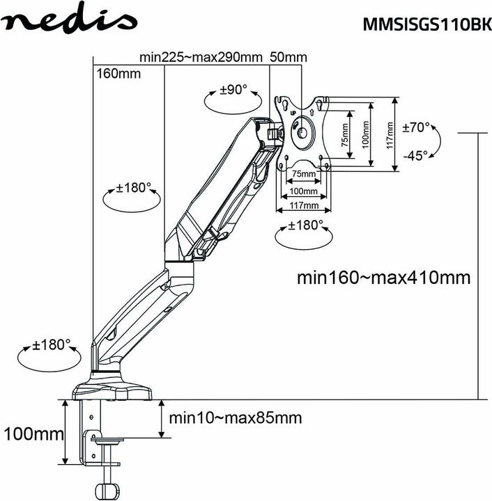 Produktbild Nedis Schreibtisch Monitorhalterung | Gasfeder | 1 Bildschirm(e) | 15 - 32 " | 75x75 / 100x100 | Vol (Tisch, 32")