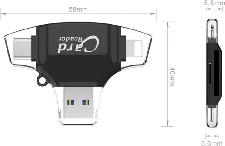 Produktbild Apfelkiste 4in1 Mini-Kartenleser für SD/MicroSD – Lightning, USB C & Micro USB (Schwarz)