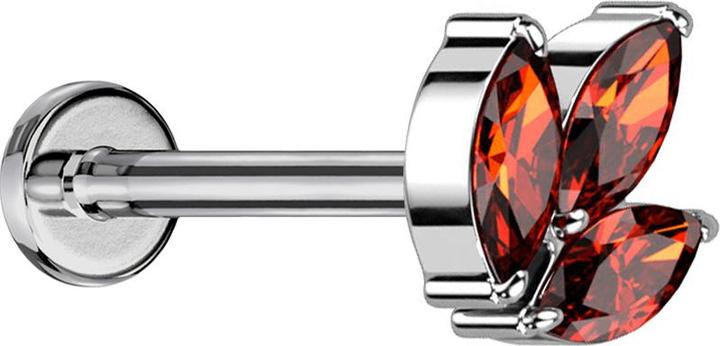 Star Piercing Micro Threadless Labret silber drei Oval Kristalle rot (ohne Messing, Titan G23)