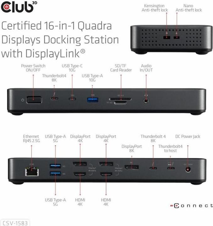 Immagine prodotto Club 3D Club3D Thunderbolt4 16-in-1 docking station 4 display St/Bu al dettaglio (Thunderbolt, 16 Porti)