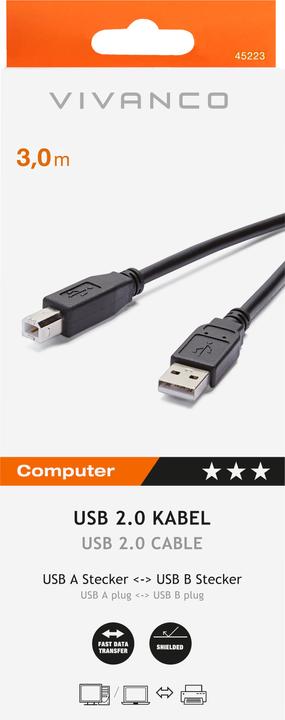 Produktbild Vivanco USB Verbindungskabel 3,0m black 45223 CC U4 30 2.0 kompatibel, USB-A/USB-B (3 m, USB 2.0)