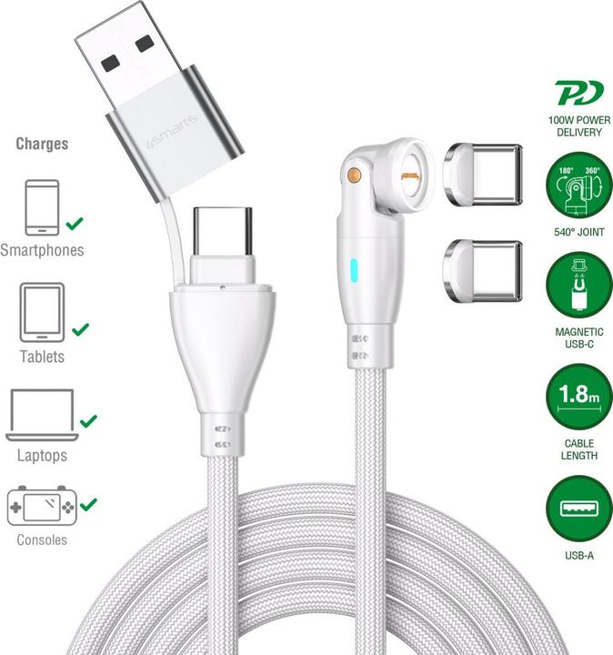 Actual product image 4smarts USB-C/A 540° magnetic cable GravityCord (1.80 m, USB 2.0)