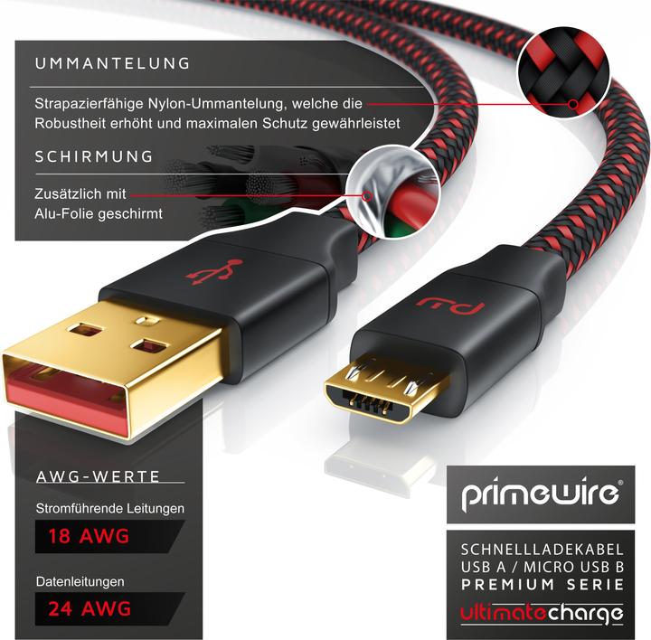 Actual product image Primewire Micro USB 2.0 to USB Type A Cable, UltimateCharge MicroUSB 2.0 Fast Charging Cable with Data (3 m, USB 2.0)