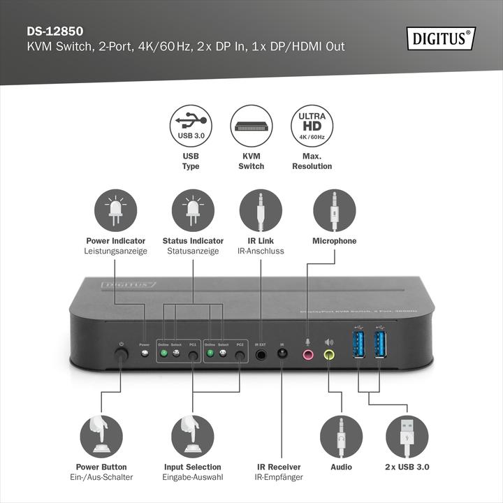 Produktbild Digitus KVM-Switch, 2-Port, 4K60Hz, 2 x DP in, 1 x DP/HDMI out
