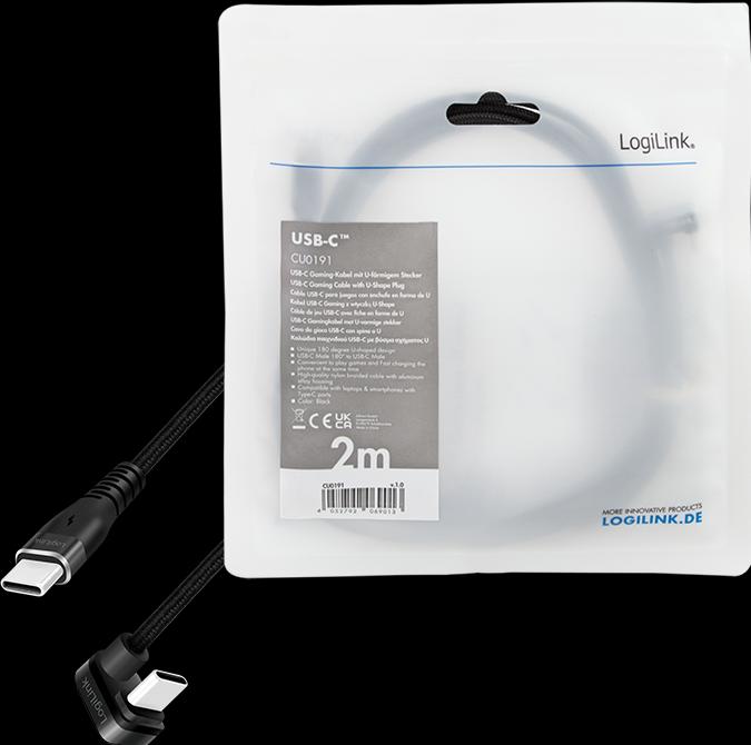Produktbild LogiLink USB 2.0 Type-C-Kabel, C/M 180° zu USB-C/M, Alu, schwarz, 2 m (2 m, USB 2.0, 60 W)