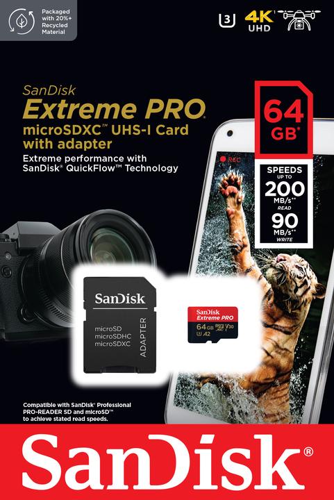 Produktbild SanDisk Extreme PRO UHS-I V30 (64 GB, microSDXC, U3, UHS-I)