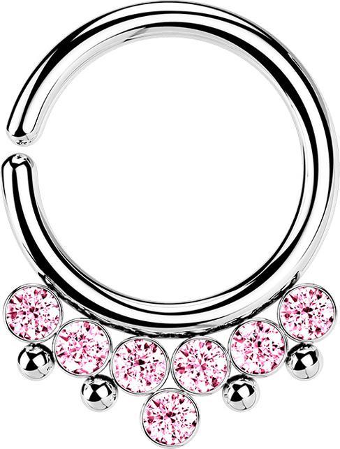 Produktbild Star Piercing Micro Piercing Ring silber vier Kugeln und sieben Kristalle pink (Chirurgenstahl 316L, ohne Messing)