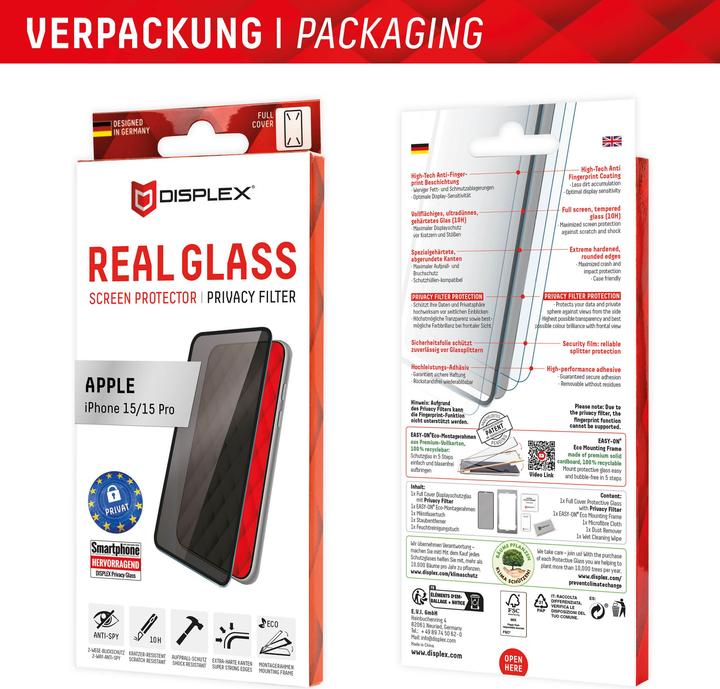 Immagine prodotto Displex Real Glass, Privacy Full Cover Panzerglas (1 Pezzo/i, Apple iPhone 15 Pro, Apple iPhone 15)