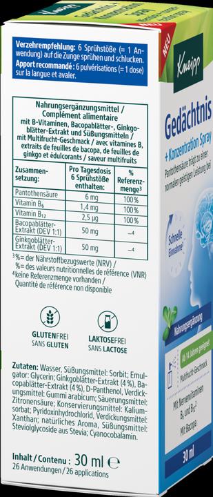 Valori nutrizionali e ingredienti Kneipp Mémoire + spray concentrante (Getto vaporizzato)