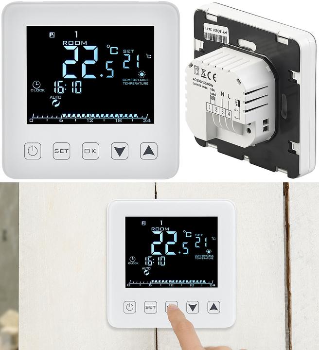 Image du produit Revolt Thermostat mural pour le chauffage par le sol avec écran LCD et boutons tactiles
