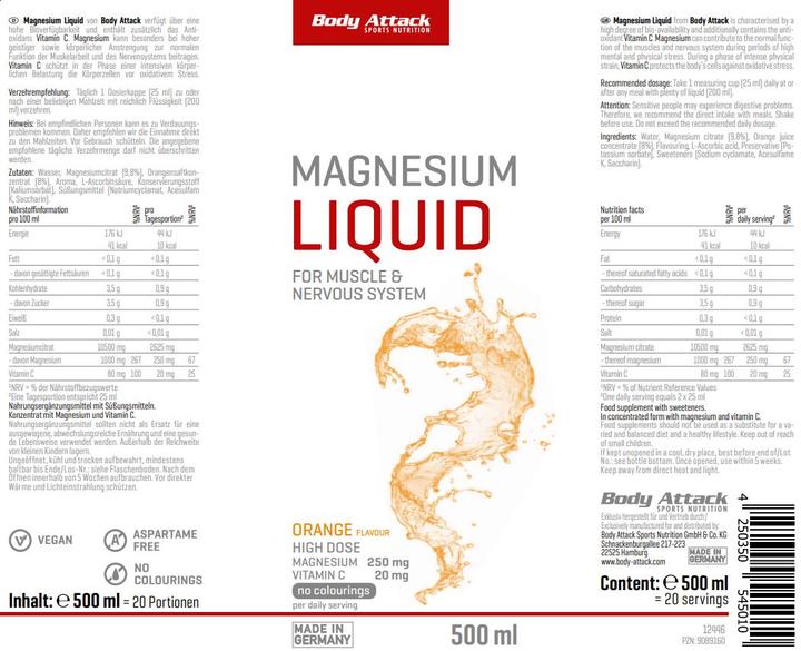 Valori nutrizionali e ingredienti Body Attack Magnesio liquido (500 ml) (1 Pezzo/i, Liquido)
