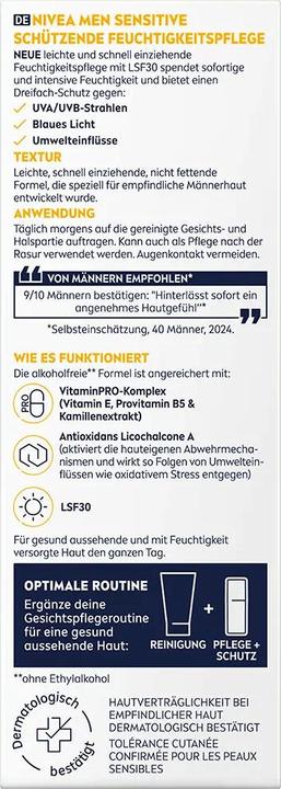 Immagine prodotto Nivea Men Sensitive Schützende Feuchtigkeitspflege LSF30 (50 ml, Crema da giorno, SPF 30)