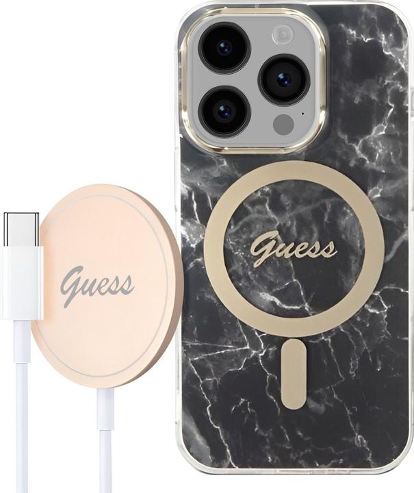 Actual product image Guess Zestaw GUBPP14LHMEACSK Case+ Charger iPhone 14 Pro 6.1" czarny/black hard case Marble MagSafe (Apple iPhone 14 Pro)