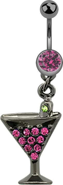 Star Piercing Banane schwarz mit Anhänger Cocktail und Kristall pink (Chirurgenstahl 316L, ohne Messing)