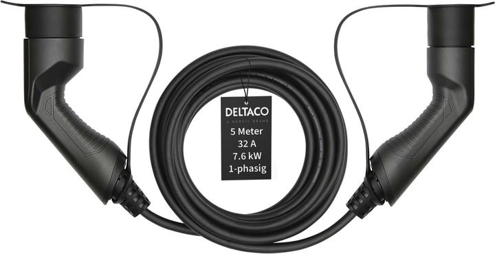 Actual product image Deltaco EV charging cable, e-car & hybrid, Type2 to Type2, 32 A, 7.6 kW, 1-phase (Type 2, 7.60 kW, 32 A, 5 m)