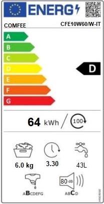 Etichetta energetica Comfee Comfeè CFE10W60/W-IT lavatrice Caricamento frontale 6 kg 1000 Giri/min D Bianco (6 kg, A sinistra)