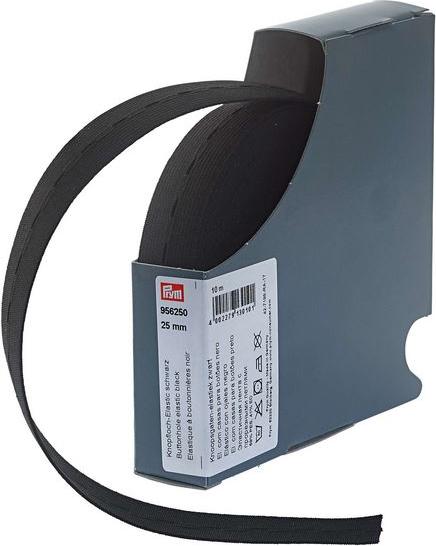 Prym Boutonnière élastique tricotée, noir 25 mm, cassette 10 m