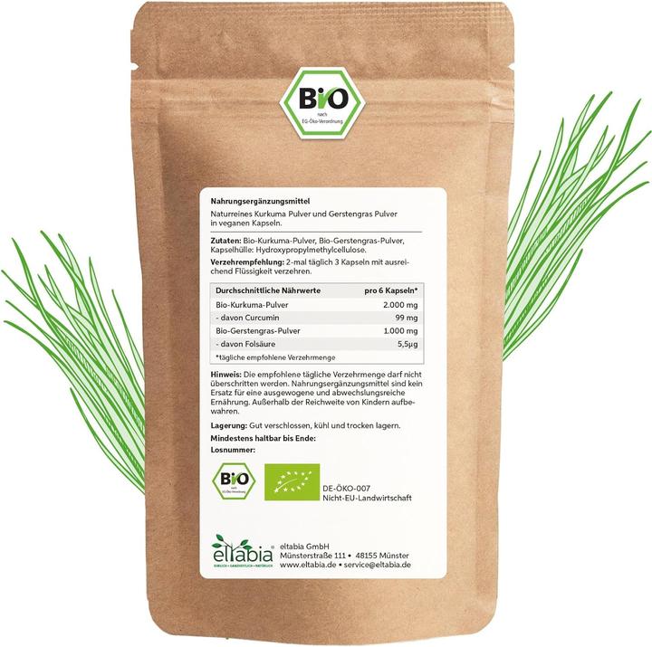 Produktbild Eltabia Bio Kurkuma Gerstengras Kapseln | 100% rein ohne Zusätze (100 Stück, Kapseln, 100 g)