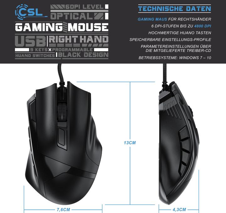 Image du produit CSL Souris de jeu filaire, 125 dpi, souris de jeu optique, changement de couleur, 9 boutons, 600 à (Filaire)