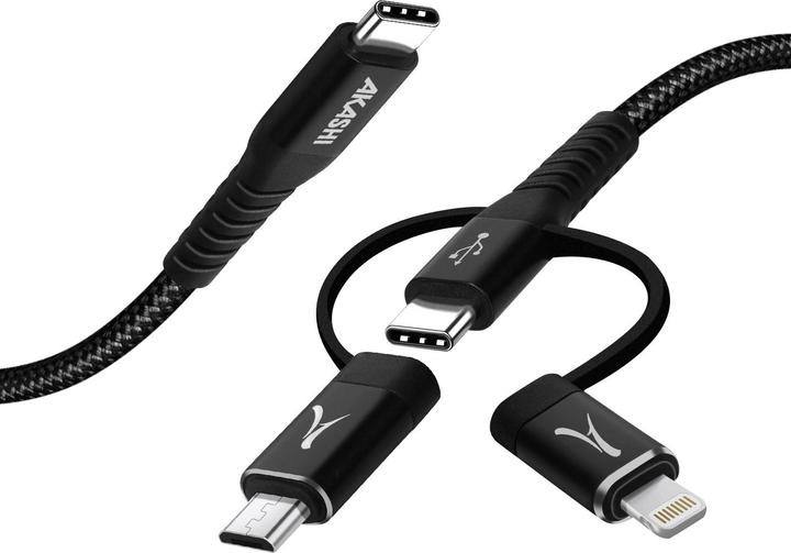 Image du produit Akashi Câble de charge et de synchronisation 3 en 1 3A, longueur 1m, - Noir (0.10 m, USB 3.2 Gen 1)
