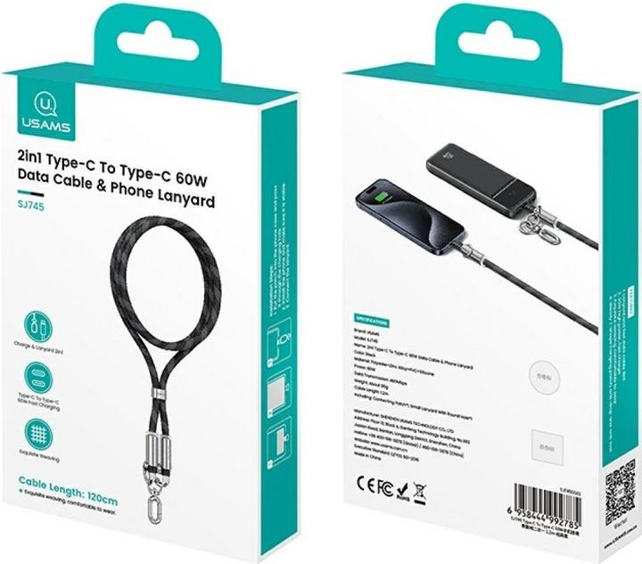 Produktbild Usams Smycz do telefonu z kablem do ładowania SJ745 60W USB-C do USB-C 1.2m czarny (1.20 m, USB 3.2 Gen 1)