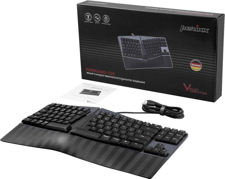 Actual product image Perixx PERIBOARD-335 DE BL, wired ergonomic mechanical compact keyboard - flat blue (DE, Cable)