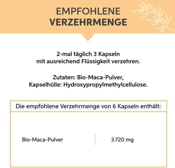 Valori nutrizionali e ingredienti Eltabia Capsule di Maca biologica 100 (100 Pezzo/i, Pillole)
