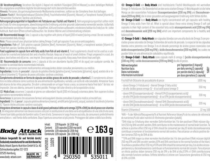 Valori nutrizionali e ingredienti Body Attack Omega 3 Oro (120 Pezzo/i, Pillole, 160 g)