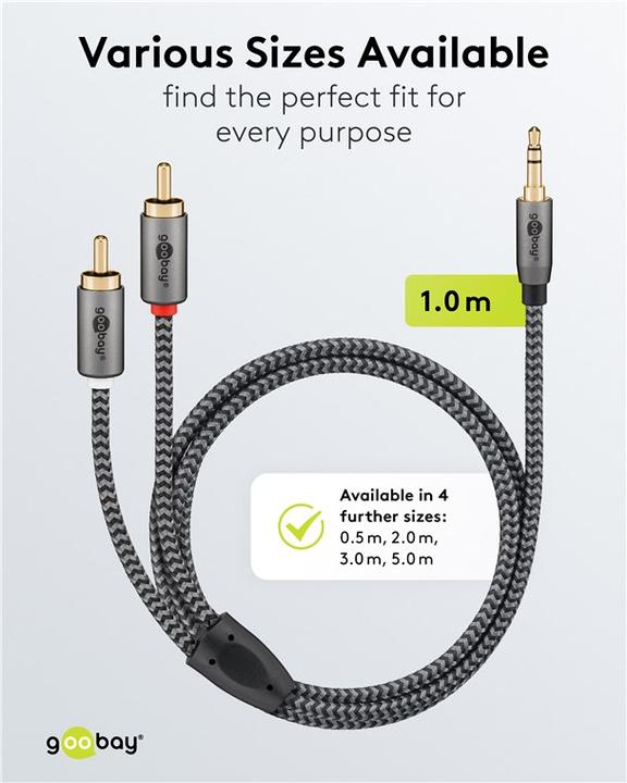 Produktbild Goobay Audio Adapterkabel AUX, 3,5-mm-Klinke zu Stereo-Cinch-Stecker, 1 m, Sharkskin Grey (1 m, Cinch)