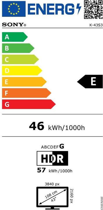 Energy Label Sony K-43S3 (43", Bravia 3, LCD, 4K, 2025)