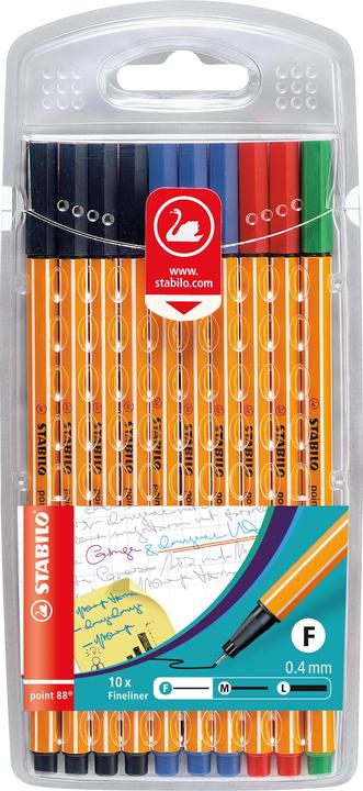 STABILO Fineliner point 88® Strichstärke: 0,4 mm Schreibfarbe: rot, blau, grün, schwarz (Sortiert, 10 x)