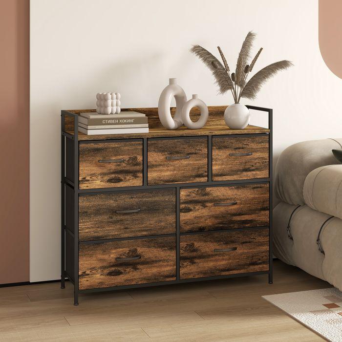 Image du produit Swisshandel24 Commode, Sideboard avec 7 tiroirs en tissu, design industriel, cadre en acier, 98x29x85cm, brun/noir