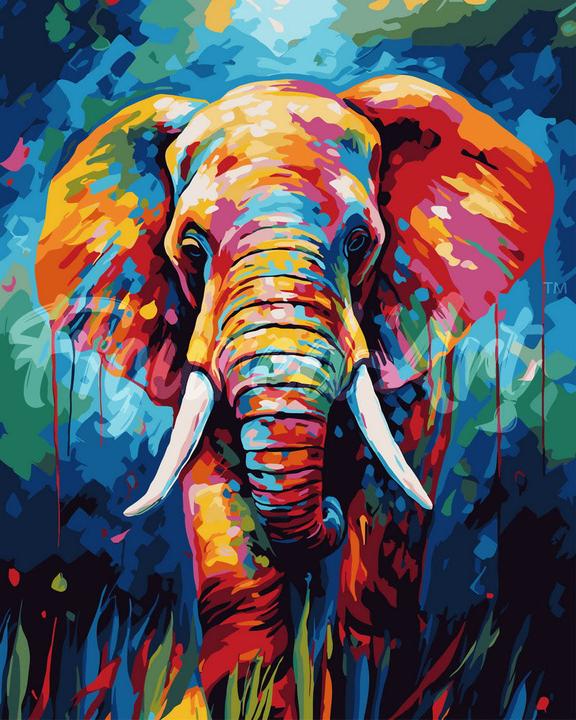 Figured'Art Malen nach Zahlen - Elefant Farbenfroh Abstrakt auf Keilrahmen gespannt