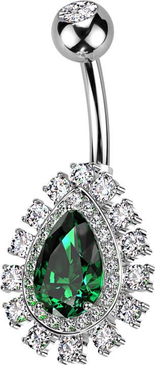 Star Piercing Banane silber mit Kugel silber Kristall silber und grossem Tropfen Kristall grün Kristalle silber (Chirurgenstahl 316L, Messing)