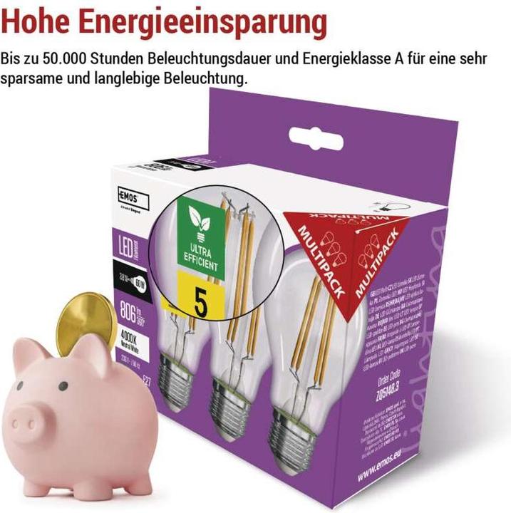 Immagine prodotto Emos Lampada LED a filamento A60 / E27 / 3,8 W (60 W) / 806 lm / Bianco neutro (E27, 3.80 W, 806 lm, 3 x, A)