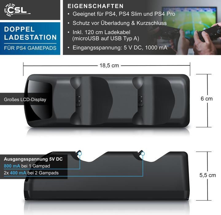 Actual product image CSL Charging station for 2x PS4 gamepads, dual charger, Playstation Wireless Controller Stand Charger (PS4)