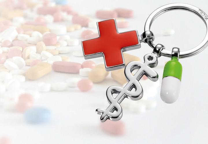 Actual product image Troika GET WELL Keychains with 3 pendants Asclepius, Cross, Pill, shiny grey/multicoloured
