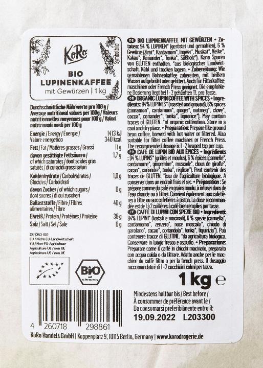 Valori nutrizionali e ingredienti KoRo Caffè Lupin con spezie (Tostatura media, 1000 g)