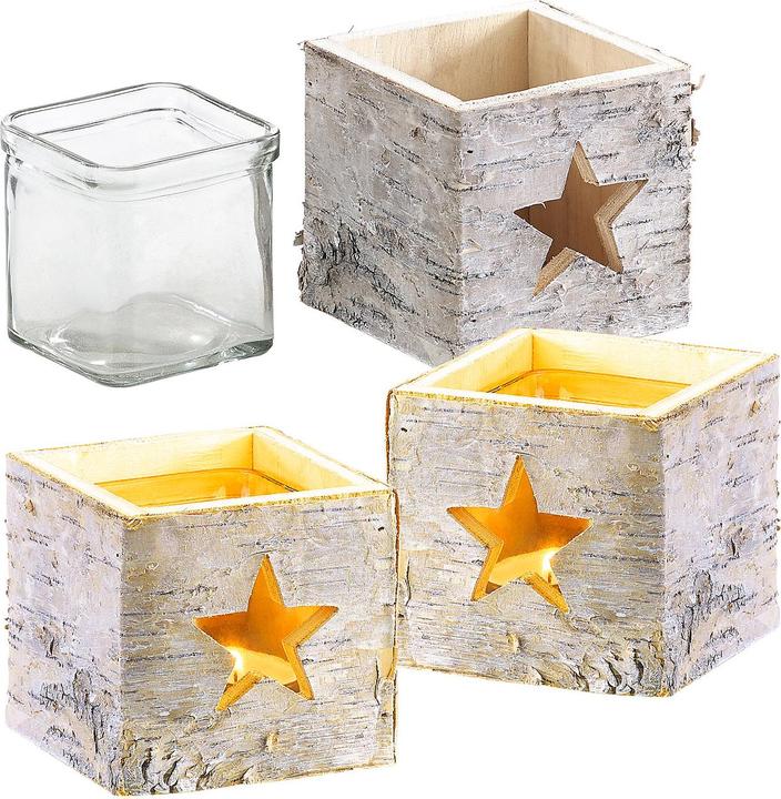Britesta Set de 3 photophores, bois, motif étoile, verre à bougie chauffe-plat amovible (3 x)
