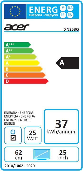 Etichetta energetica Acer XN253QP 24,5 FHD, 1920X1080 (1920 x 1080 pixel, 24.50")