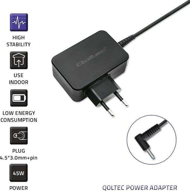 Image du produit Qoltec 51030 Adaptateur secteur Rocka Ultrabook HP 45W 19.5V 2.31A 4.5x3.0 Pin (45 W)