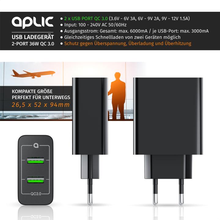 Image du produit Aplic Chargeur USB, chargeur USB Quick Charge à 2 ports 36 W / 6000 mA / fonction de charge rapide, noir (36 W)
