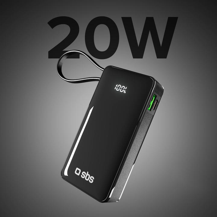 Produktbild SBS 10.000 mAh-Powerbank mit integriertem USB-C Kabel (10000 mAh, 20 W, 37 Wh)