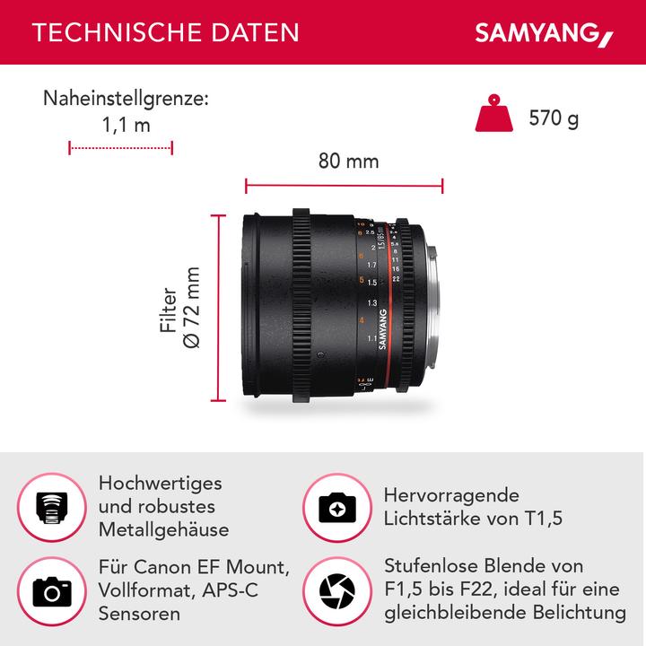 Image du produit Samyang 85mm T1.5 VDSLR II Canon EF (Canon EF, Plein format)