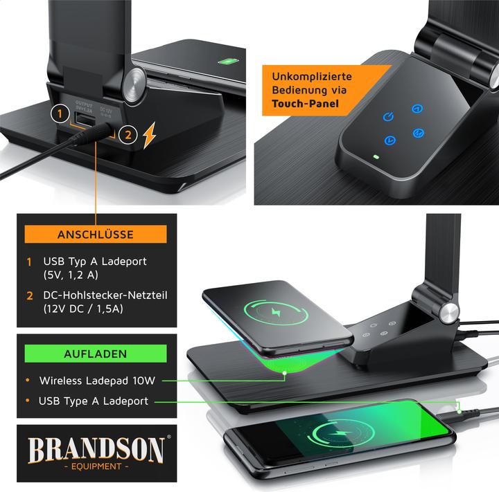 Actual product image Brandson Schreibtischlampe Metall-Design, USB Ladeanschluss, kabelloses Laden wireless Charging, Dimmfunktion (500 lm)